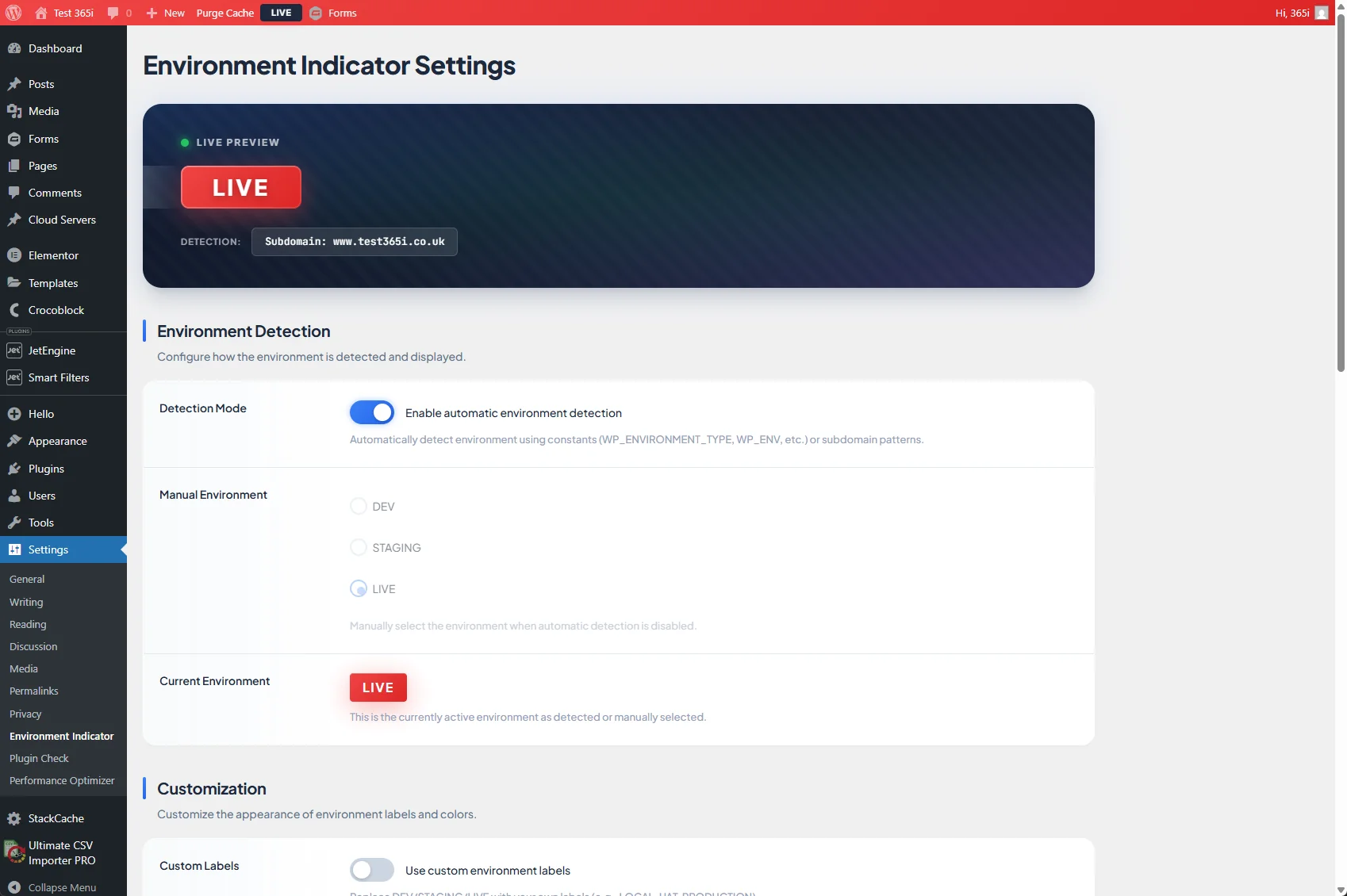 365i Environment Indicator settings page showing LIVE environment detection with automatic detection enabled