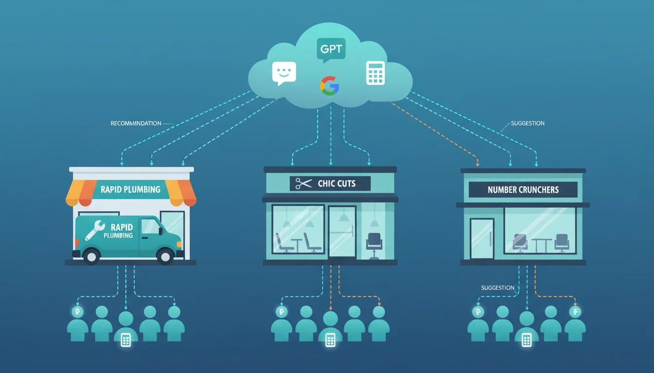 Illustration showing local businesses including a plumber's van, hair salon, and accountant's office connected via digital lines to AI assistant icons in the cloud