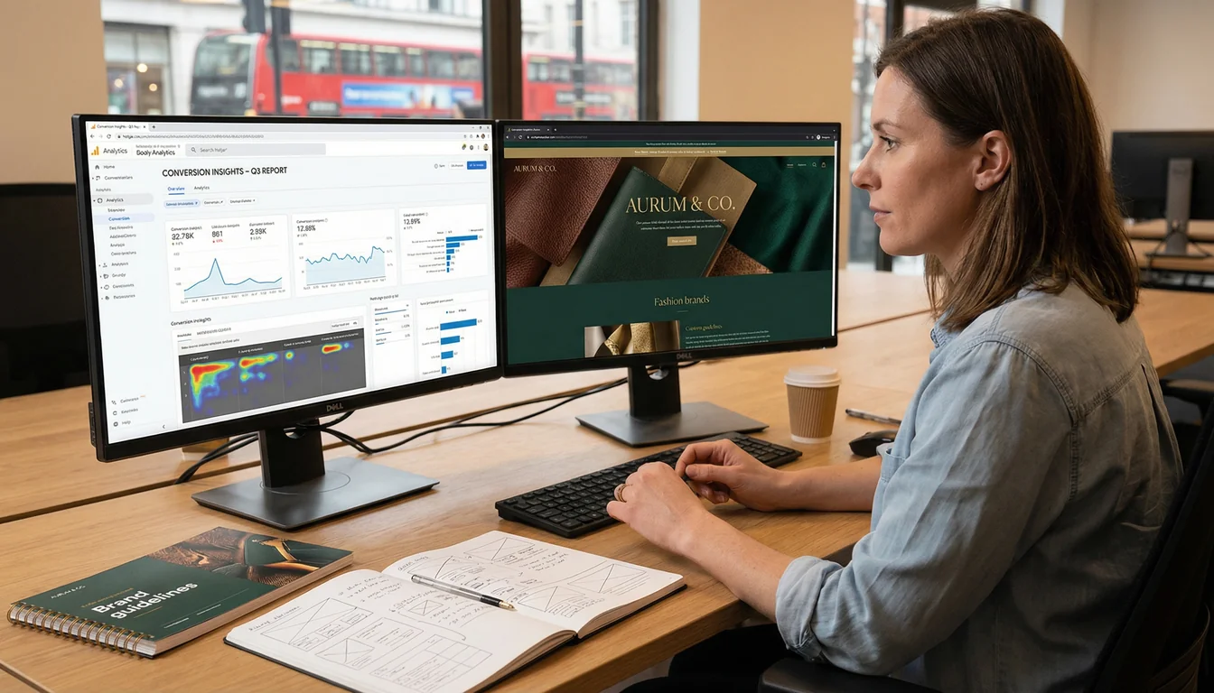 Professional web designer working at dual monitors showing conversion analytics and a custom branded website in a UK office
