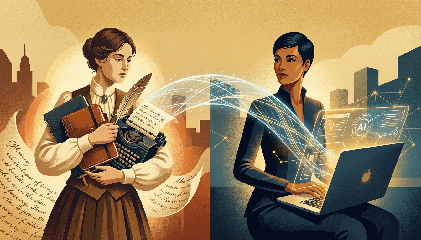 Conceptual illustration showing divided opinions about AI writing tools, with traditional writing instruments on one side and modern AI interfaces on the other, connected by a bridge of common ground