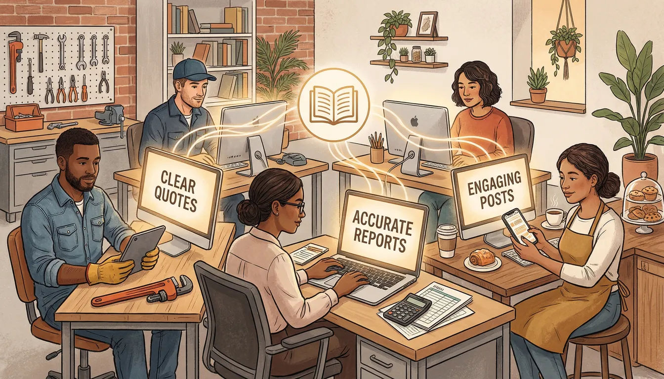 Diverse group of small business owners and tradespeople at desks with screens showing clear, polished text, illustrating how AI tools democratise clear communication for everyone
