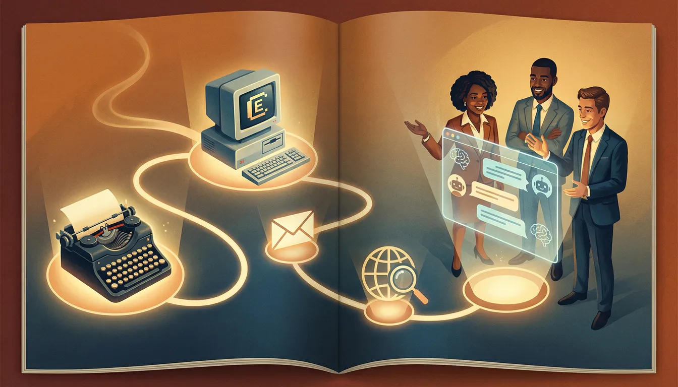 Timeline illustration showing the evolution of communication tools from typewriters through early computers, email, search engines, to modern AI interfaces, with professionals embracing each generation