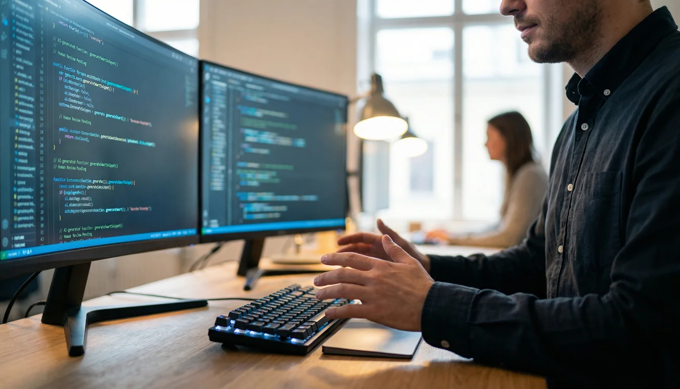 A software developer directing AI to write code, representing the shift from coding to AI oversight