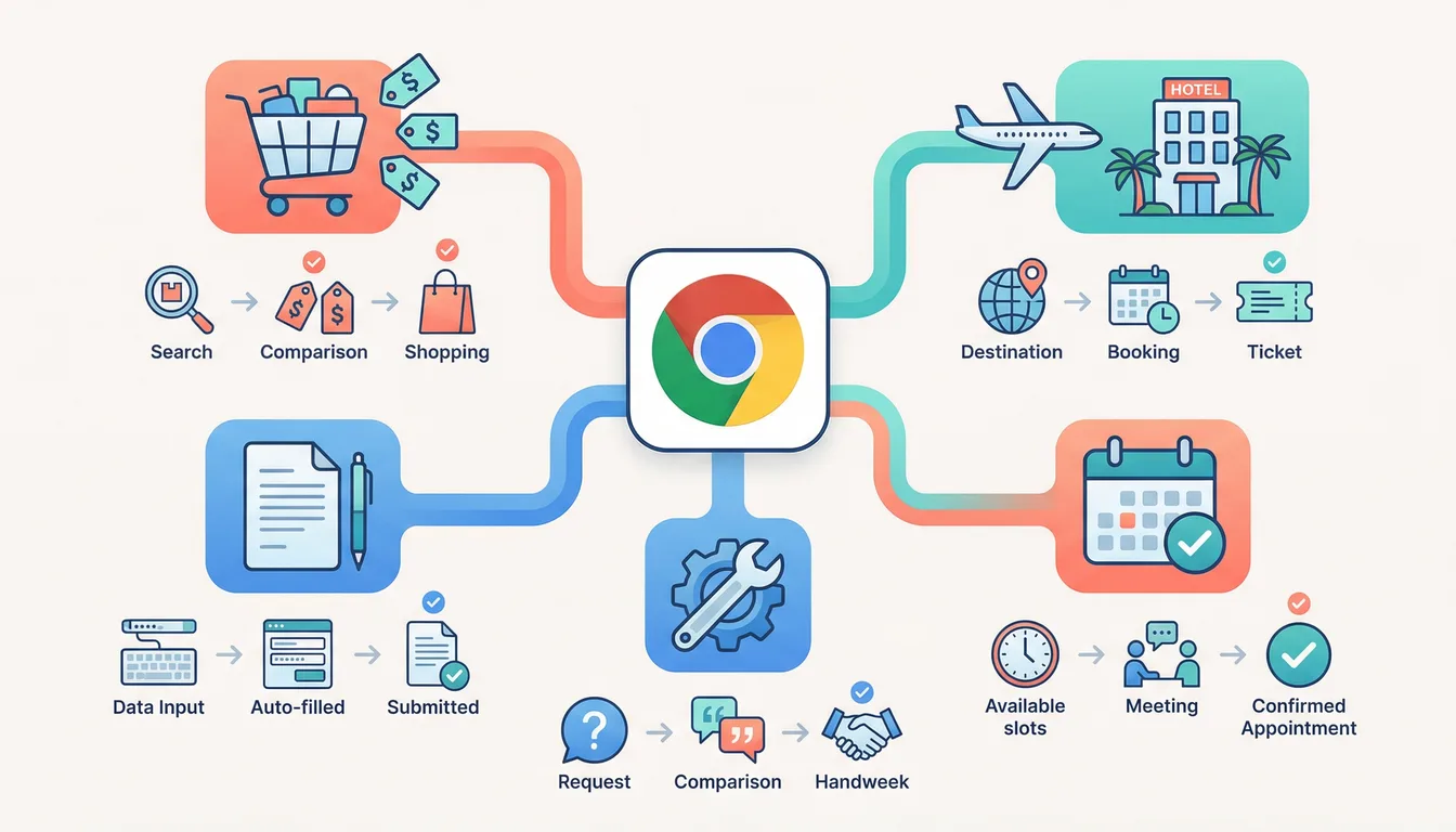 Diagram showing the range of tasks Chrome auto-browse can handle: shopping, travel booking, form filling, appointment scheduling, and service quotes
