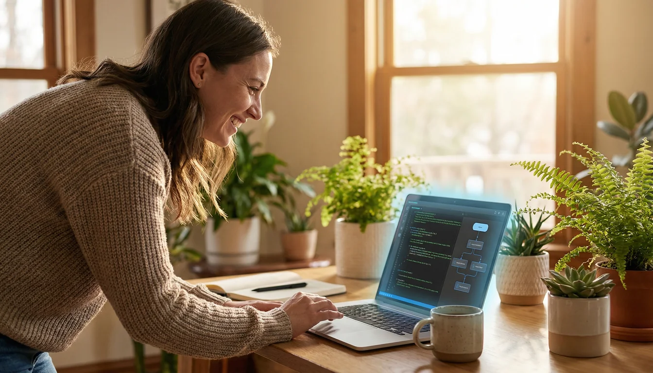 A small business owner confidently using AI tools on a laptop in a modern workspace
