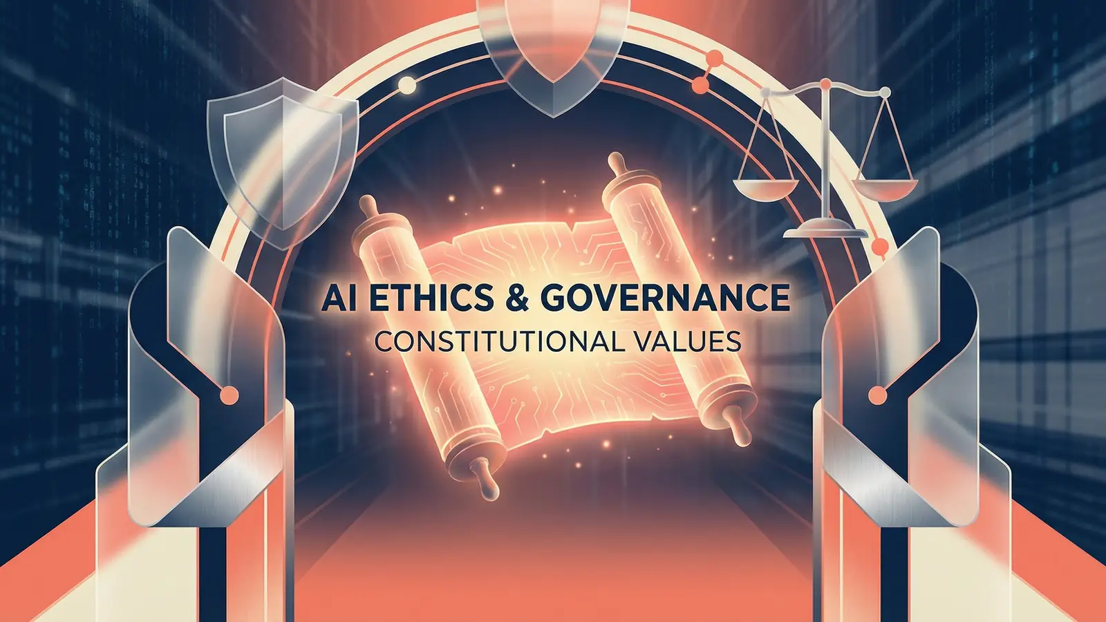 Abstract illustration of AI ethics and values, showing a document with flowing lines representing principles and guidance