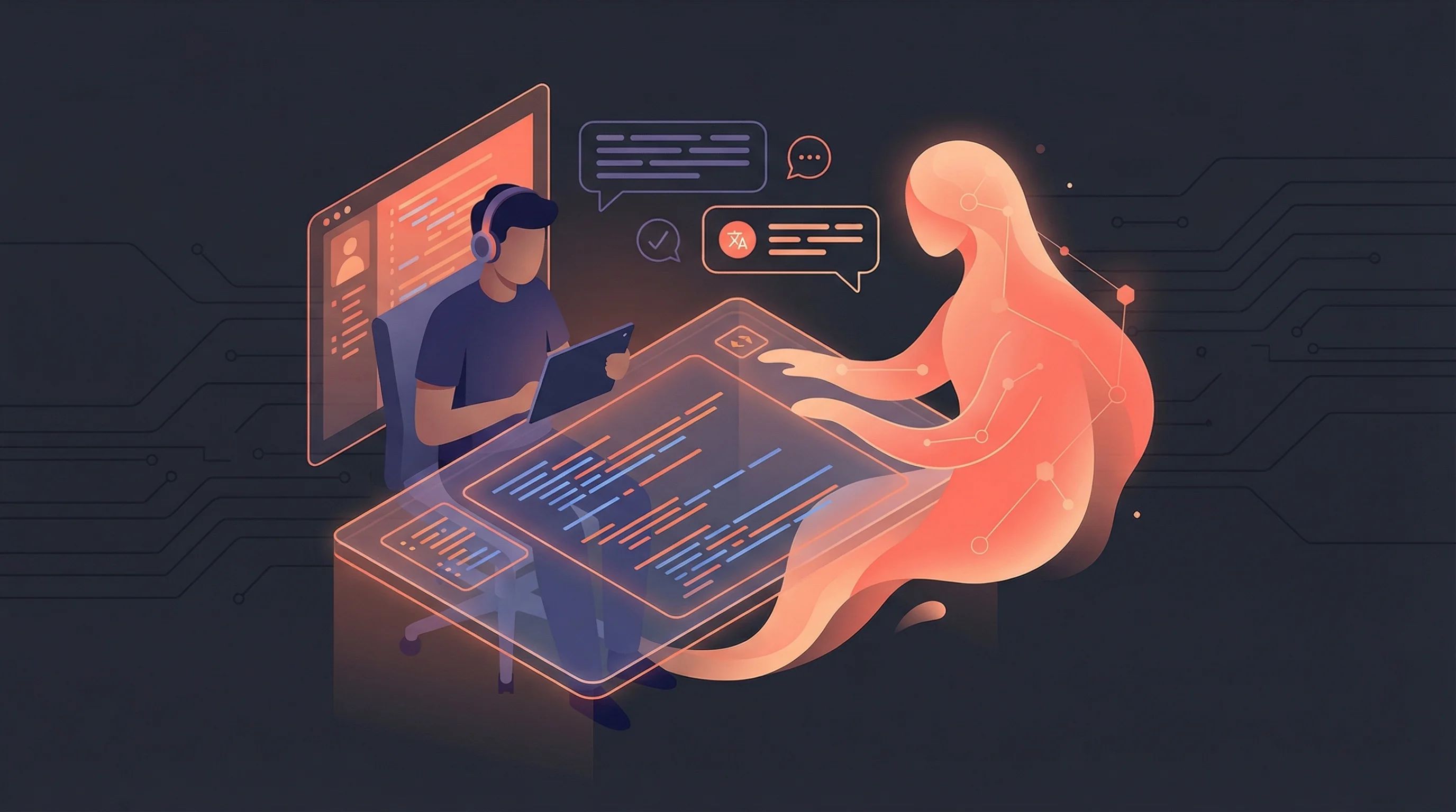 Illustration of a developer working collaboratively with AI, showing human and artificial intelligence partnership in a modern workspace
