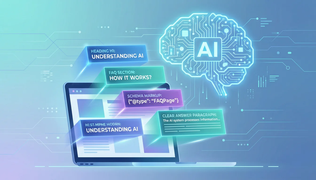 Illustration of an AI brain extracting structured content blocks from a website including headings, FAQ sections, and schema markup