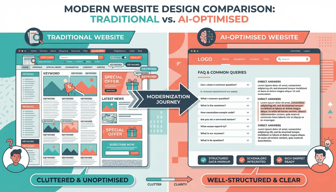 Side-by-side comparison of a cluttered traditional website design versus a clean AI-optimised website with structured content and FAQ sections