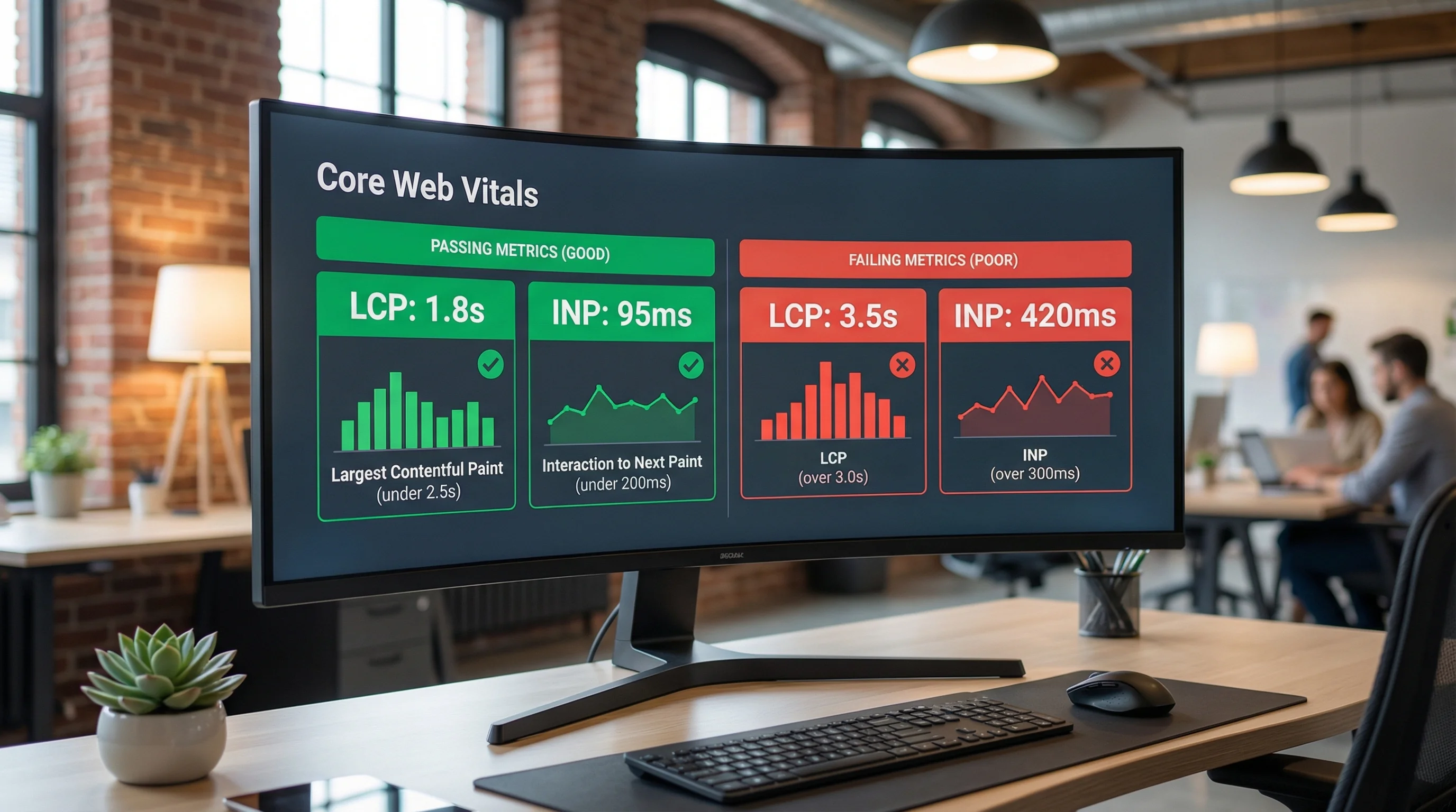 Core Web Vitals performance dashboard showing passing green scores versus failing red scores for LCP and INP metrics