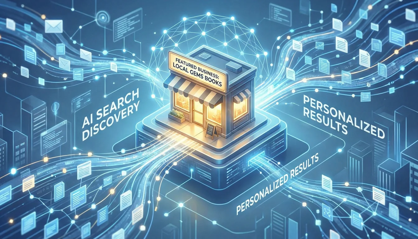 A visualisation of a small business being discovered through AI-powered search with data streams connecting to the business