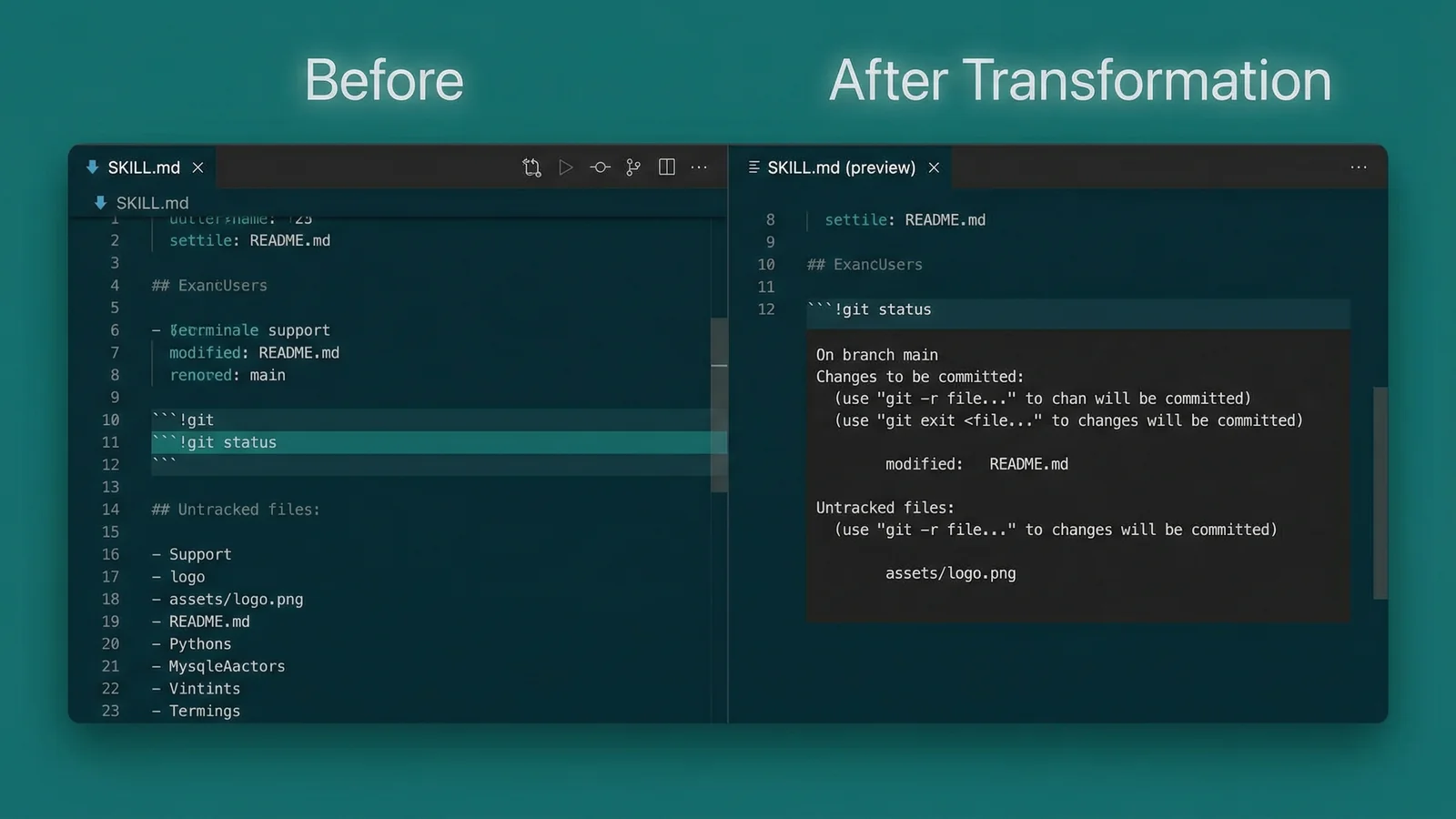 Split-screen showing a SKILL.md file with !backtick commands on the left and the resolved output with actual project data on the right