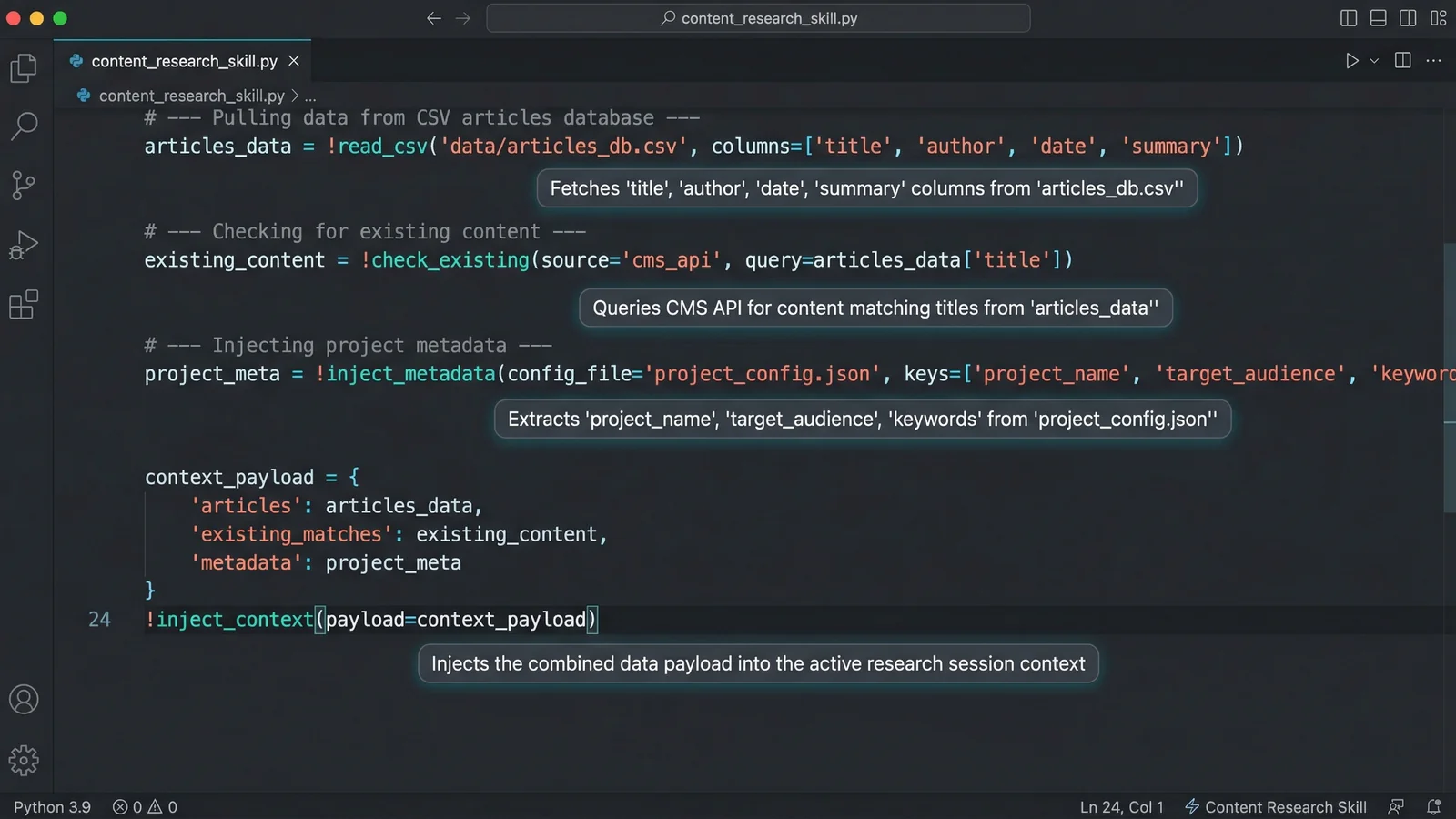 Code editor showing a content research skill with multiple data injection points pulling article data and analytics