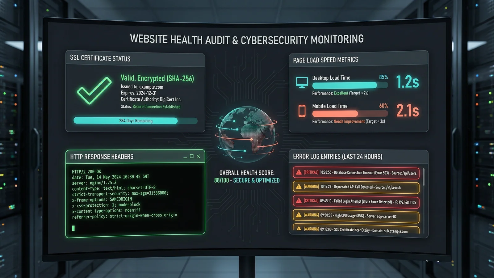 Website health audit dashboard showing SSL status, page load metrics, HTTP response headers, and error log entries