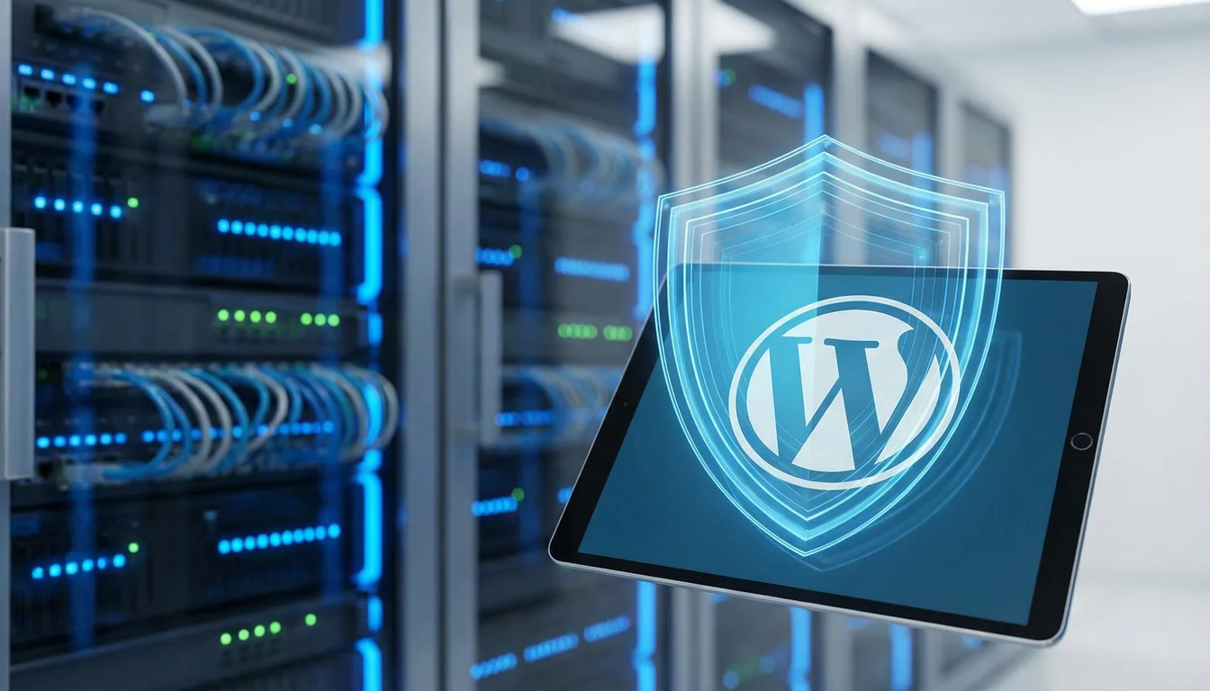 Digital security shield protecting WordPress website with managed hosting servers