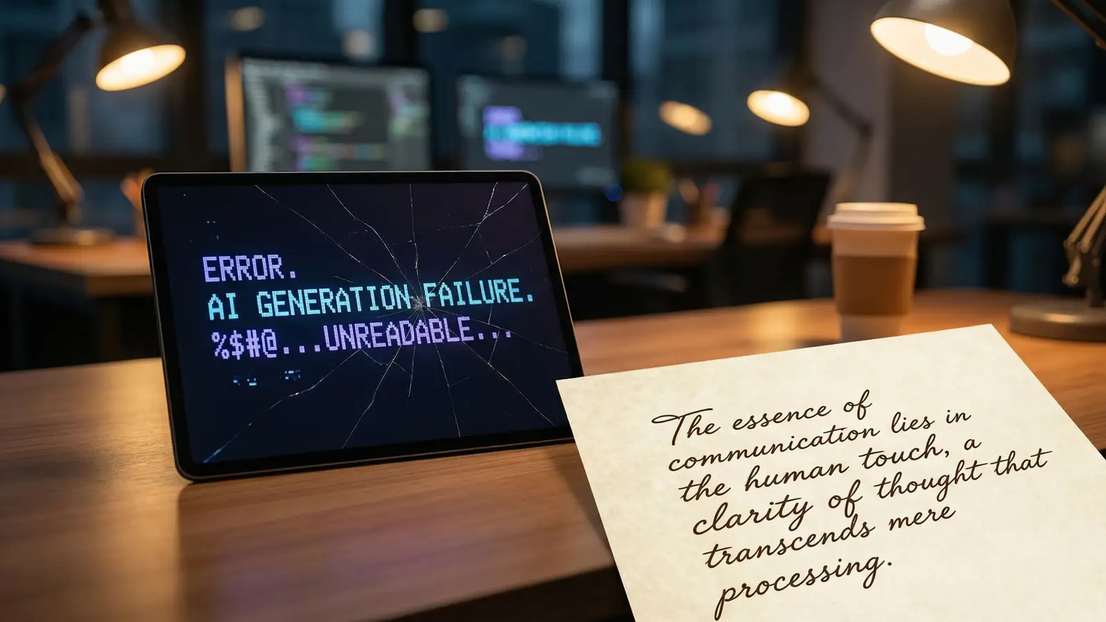Cracked digital screen displaying garbled AI text beside a page of clear, elegant handwriting, illustrating the tension between technical AI capability and writing quality