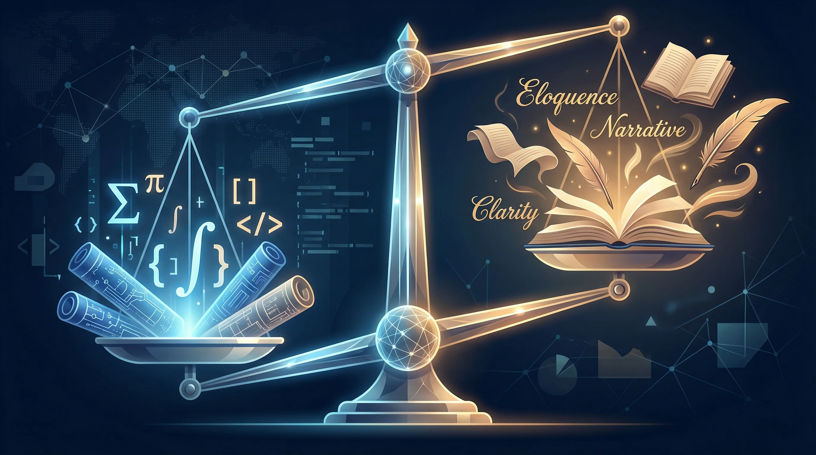 An illustrated balance scale with mathematical symbols and code on one side outweighing books and quills representing writing quality on the other