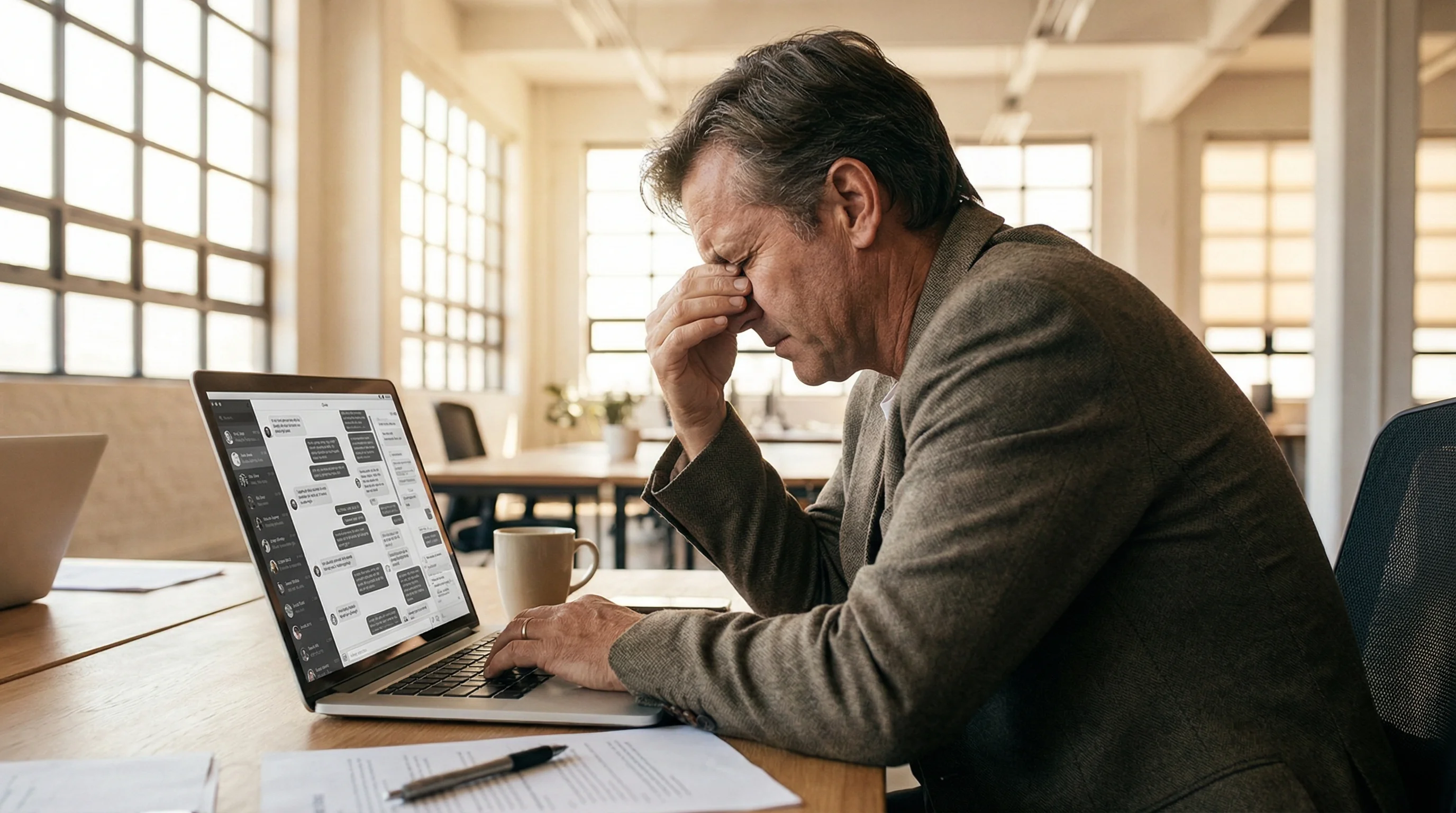 A business professional rubbing their eyes in frustration while reading dense AI-generated text on a laptop screen