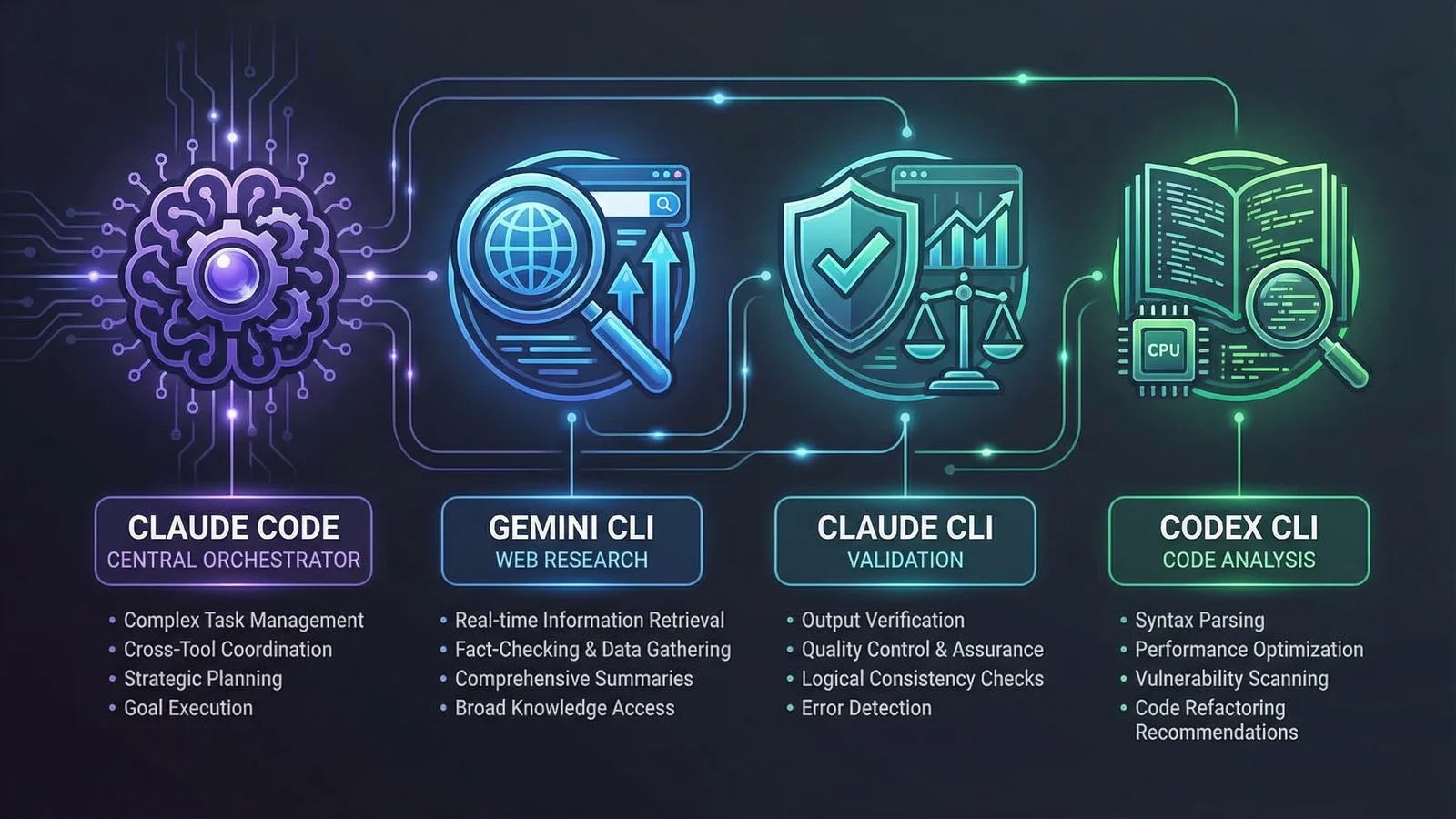 Diagram showing four AI agents with their specialist capabilities: Claude Code for orchestration, Gemini for research, Claude CLI for validation, Codex for code