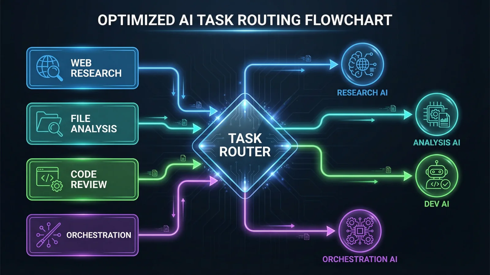 Flowchart showing different task types being routed to their optimal AI agent based on requirements
