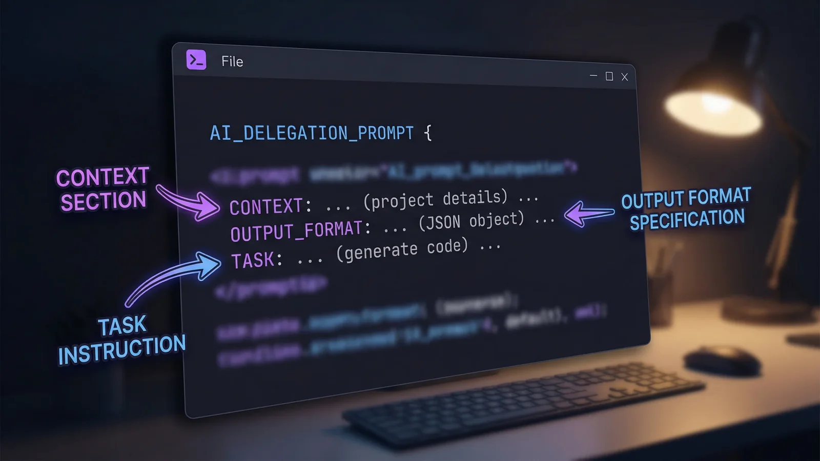 Code editor showing a well-structured delegation prompt with annotations highlighting key sections
