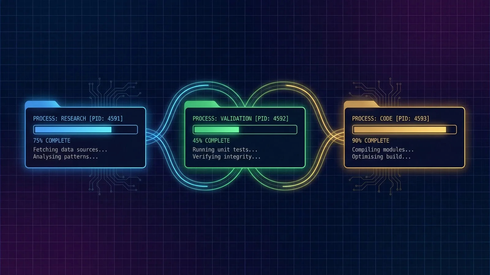 Terminal showing multiple AI agent tasks launched simultaneously with background process indicators