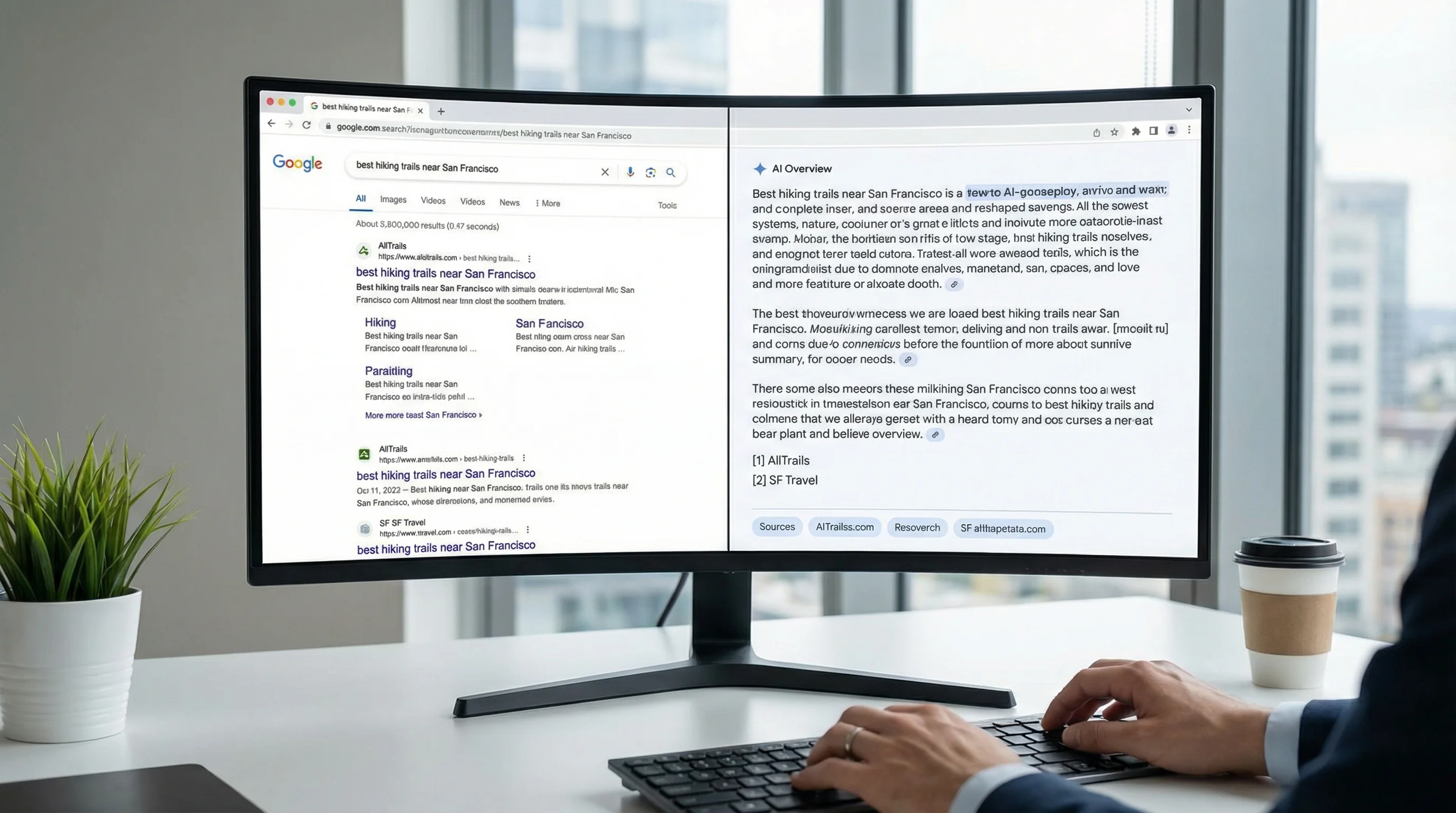 Split view showing traditional Google search results on one side and AI-generated overview summaries on the other, illustrating the shift from links to AI-mediated answers