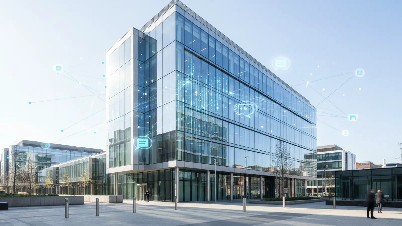 Modern UK government building with digital AI chat overlay elements representing GOV.UK Chat