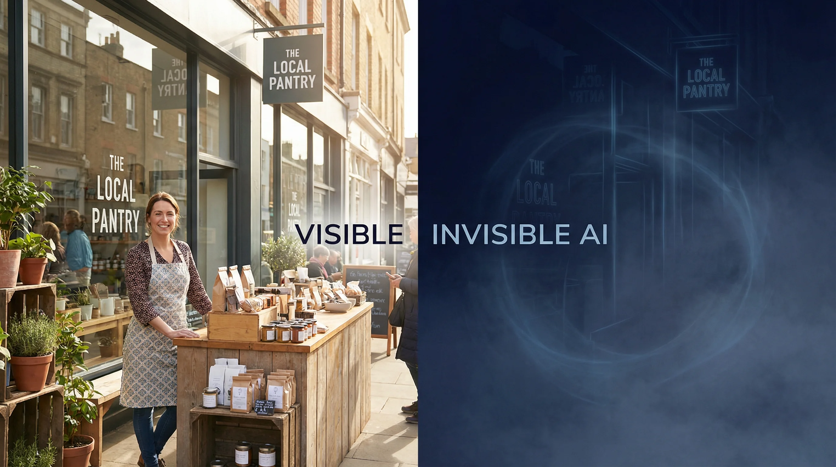 Split screen illustration showing a business owner at their desk while an AI search interface shows no results, representing the gap between running a real business and being invisible online to AI