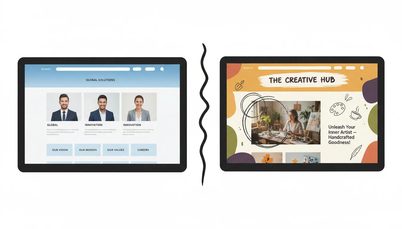 Side-by-side comparison of two website designs: a cold corporate template versus a warm, characterful design with personality