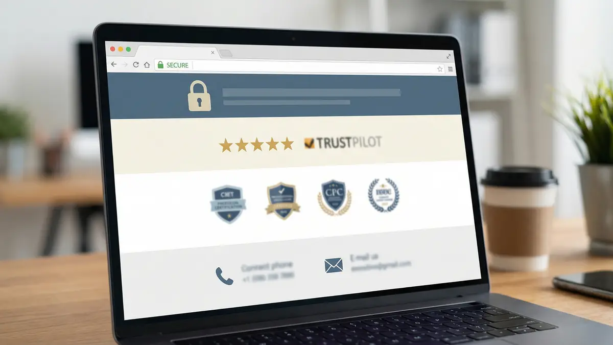 A laptop showing a professional website with SSL security, review badges, and certification logos