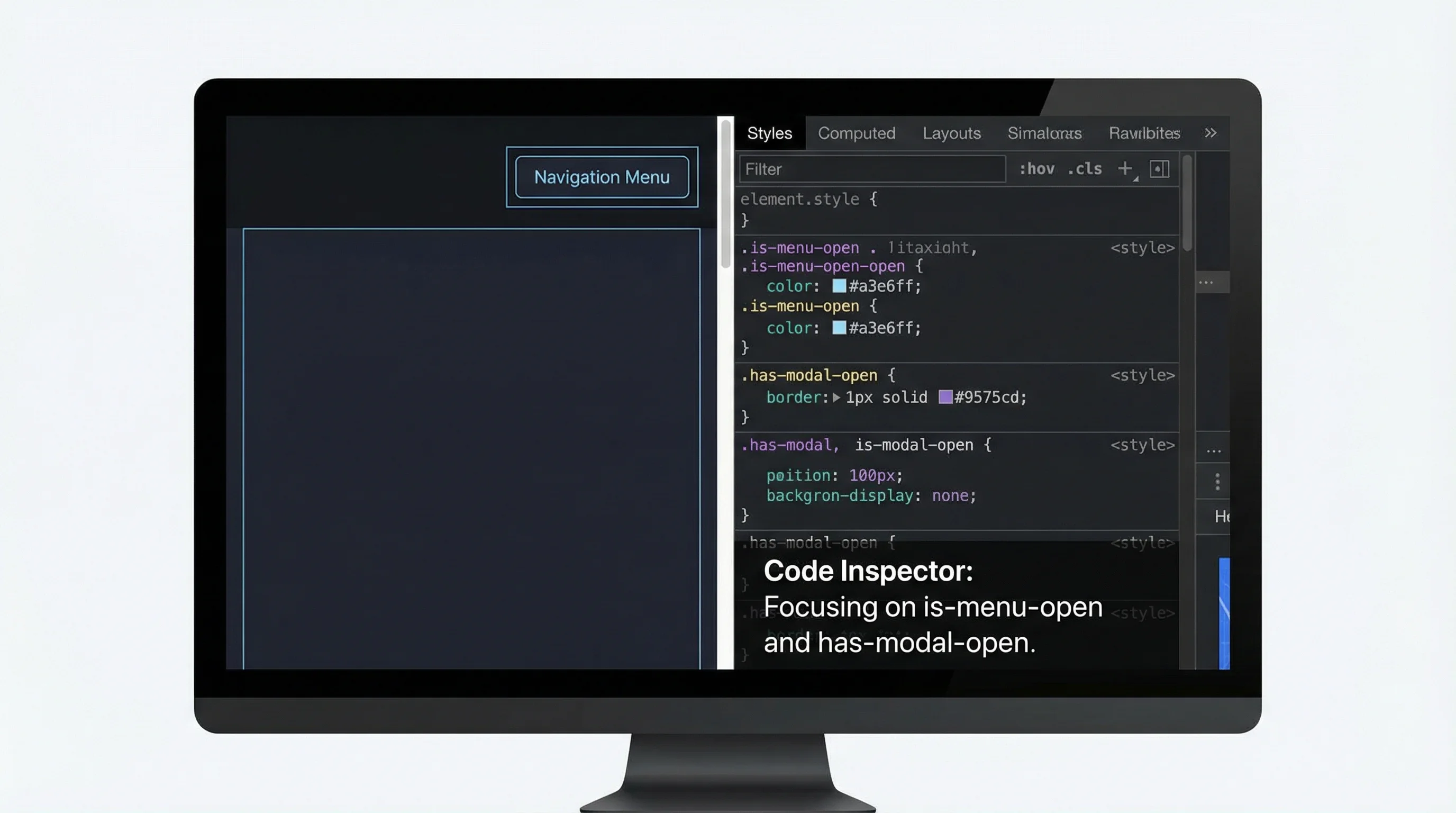 Browser developer tools showing CSS styles panel with is-menu-open and has-modal-open classes highlighted, demonstrating WordPress Navigation block state management
