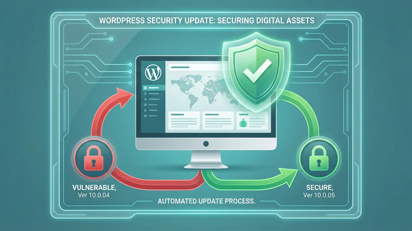 WordPress security update infographic showing the automated update process from vulnerable version 10.0.04 to secure version 10.0.05 with protective shield
