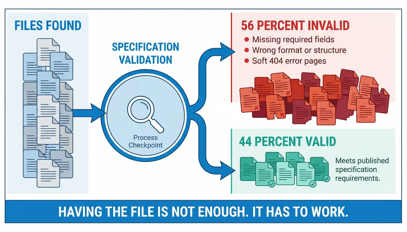 An industrial quality filtering machine where blue orbs enter a funnel and most turn red and are rejected, while only a small number of teal-green orbs emerge as validated, representing how 56 percent of AI Discovery Files fail quality checks