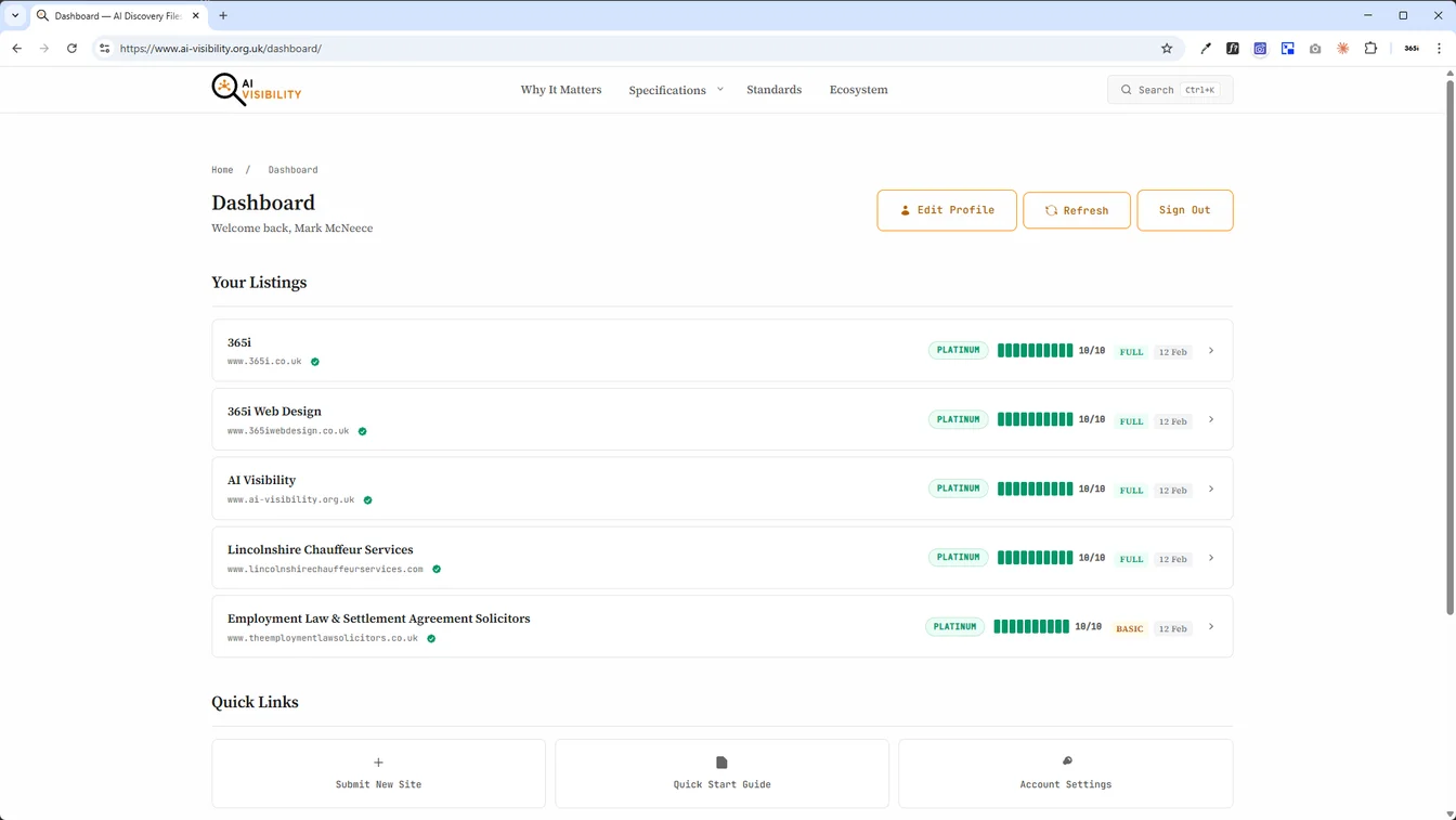 AI Discovery Files Directory user dashboard showing five listings for 365i, 365i Web Design, AI Visibility, Lincolnshire Chauffeur Services, and Employment Law Solicitors, all Platinum tier with 10/10 scores