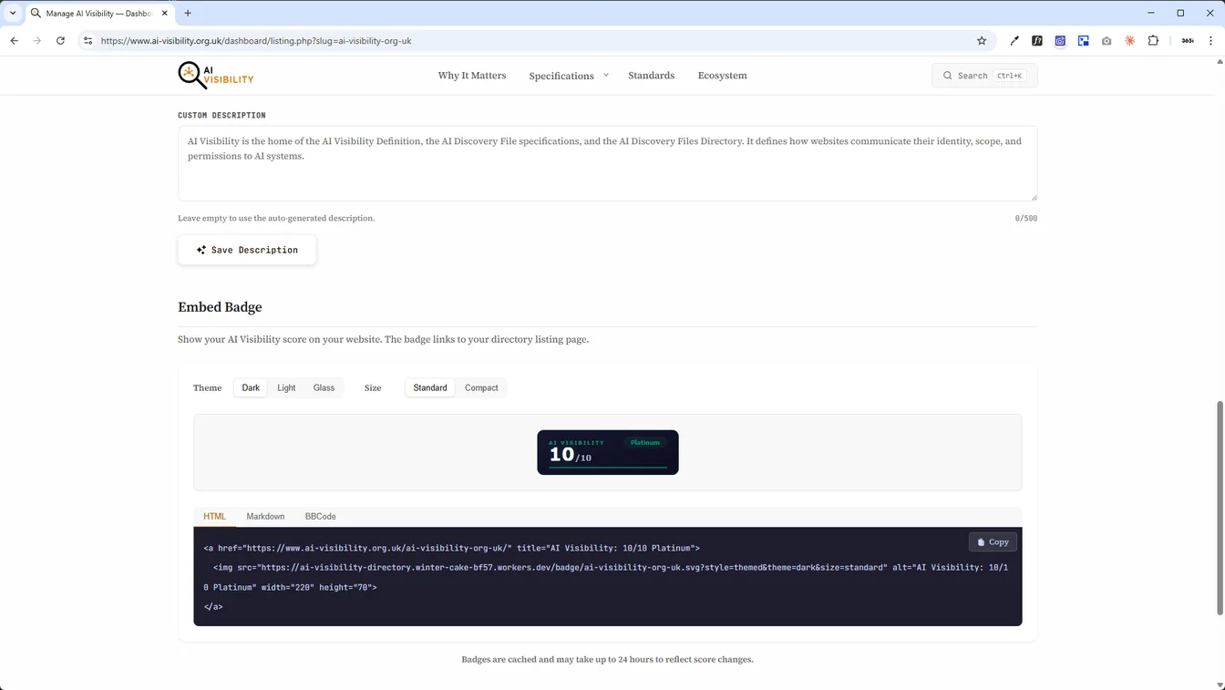 Embed badge generator showing a Dark theme standard-size badge reading AI Visibility 10/10 Platinum, with HTML, Markdown, and BBCode tabs below showing the embed code