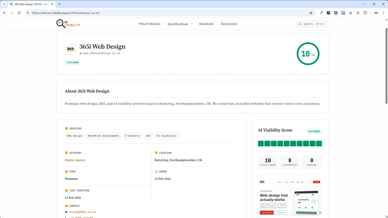 Full listing profile page for 365i Web Design on the AI Discovery Files Directory showing Platinum tier, 10/10 score, 10 files found, 8 attributed, 0 missing, with website screenshot and service tags