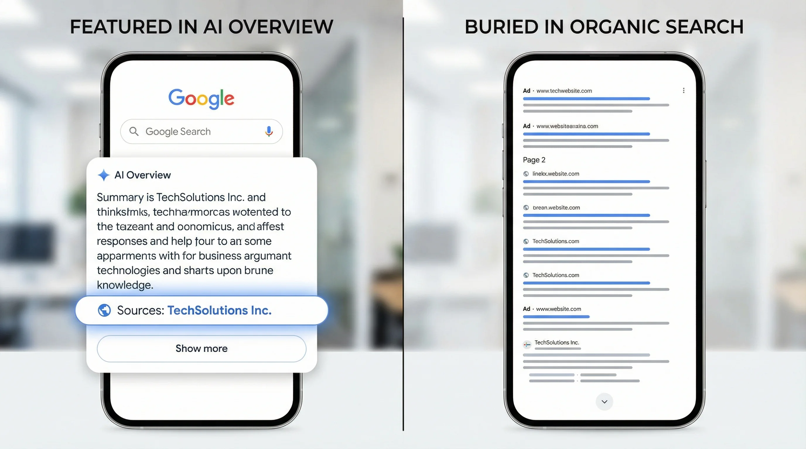 Split-screen comparison showing a business featured in Google AI Overview sources versus the same business buried on page 2 of organic search results