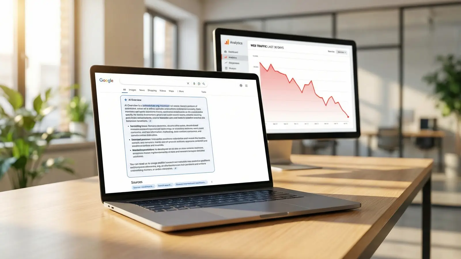 Laptop showing Google AI Overview dominating search results with declining traffic analytics on a monitor behind it