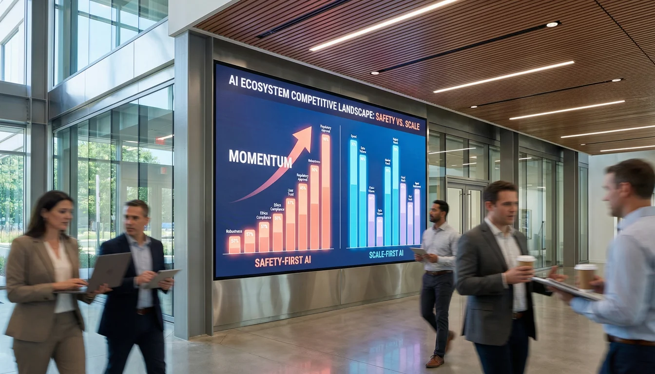 Large digital display in a tech company lobby showing a bar chart comparing safety-first and scale-first AI ecosystems, with the safety side showing upward momentum