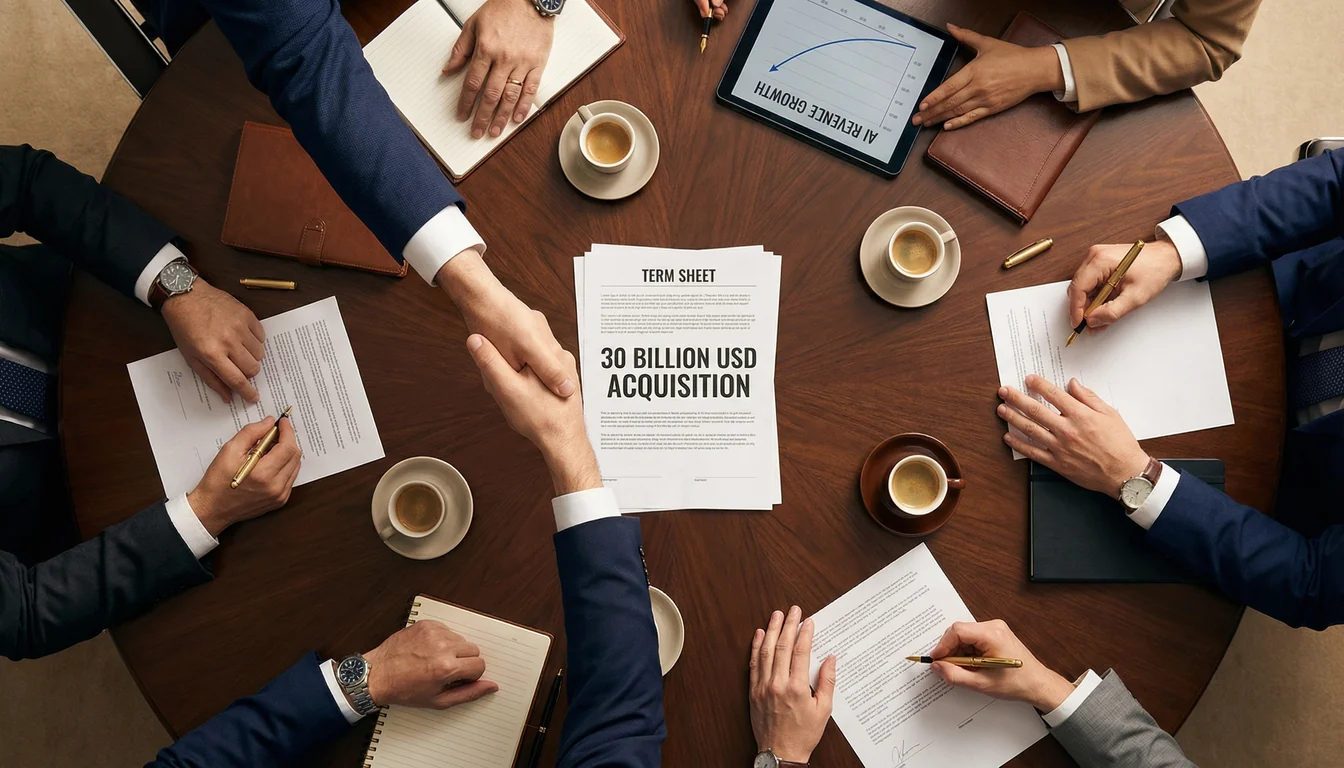 Overhead view of a venture capital boardroom with executives shaking hands over a $30 billion term sheet, espresso cups and financial documents on the polished table