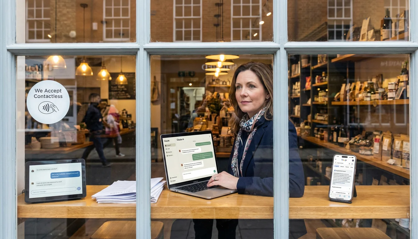 A UK high street business owner at her shop counter using Claude AI on a laptop, with Georgian windows and a contactless payment sign visible in the background