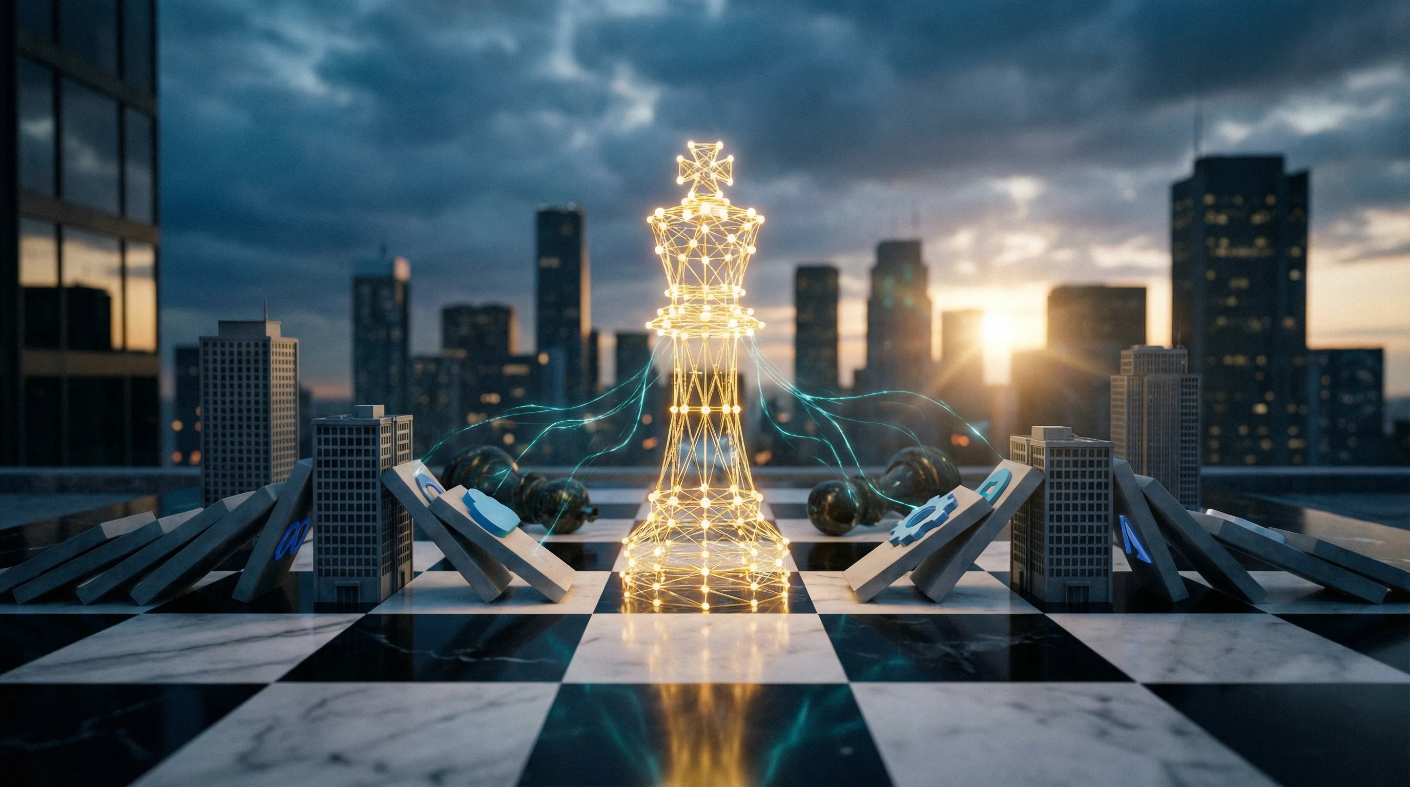 Dramatic chess board at dusk with a glowing AI neural-network king piece standing dominant while corporate-styled pieces cascade around it, symbolising Anthropic's strategic disruption of enterprise software