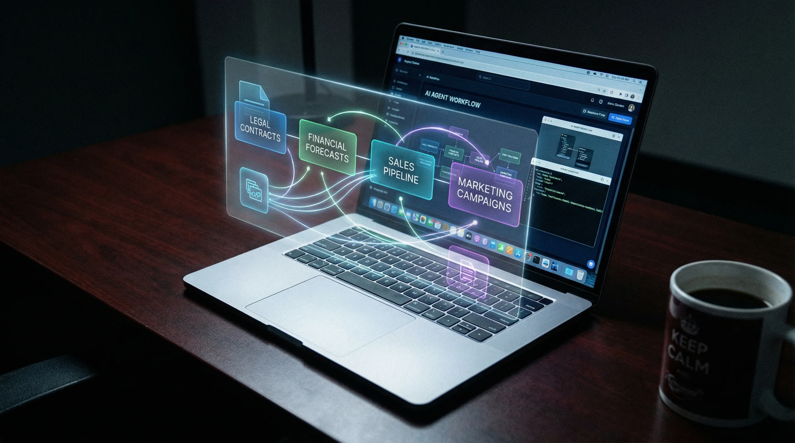 Laptop showing AI agent workflow interface with connected tiles for legal contracts, financial forecasts, sales pipeline, and marketing campaigns