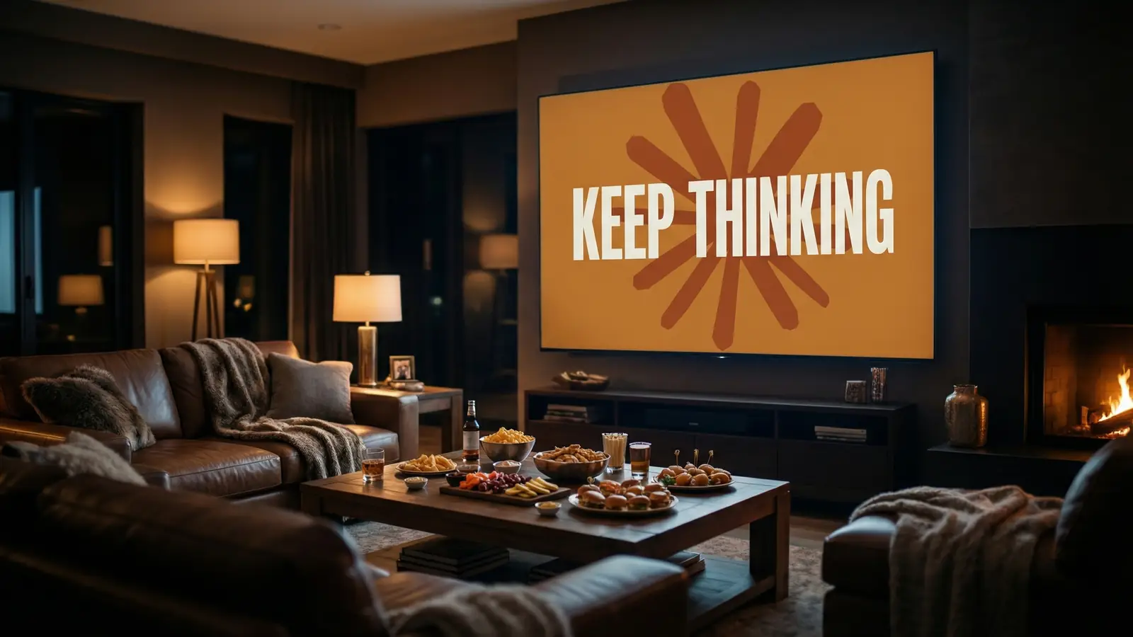 Anthropic Keep Thinking Super Bowl ad campaign displayed on a large television during game night