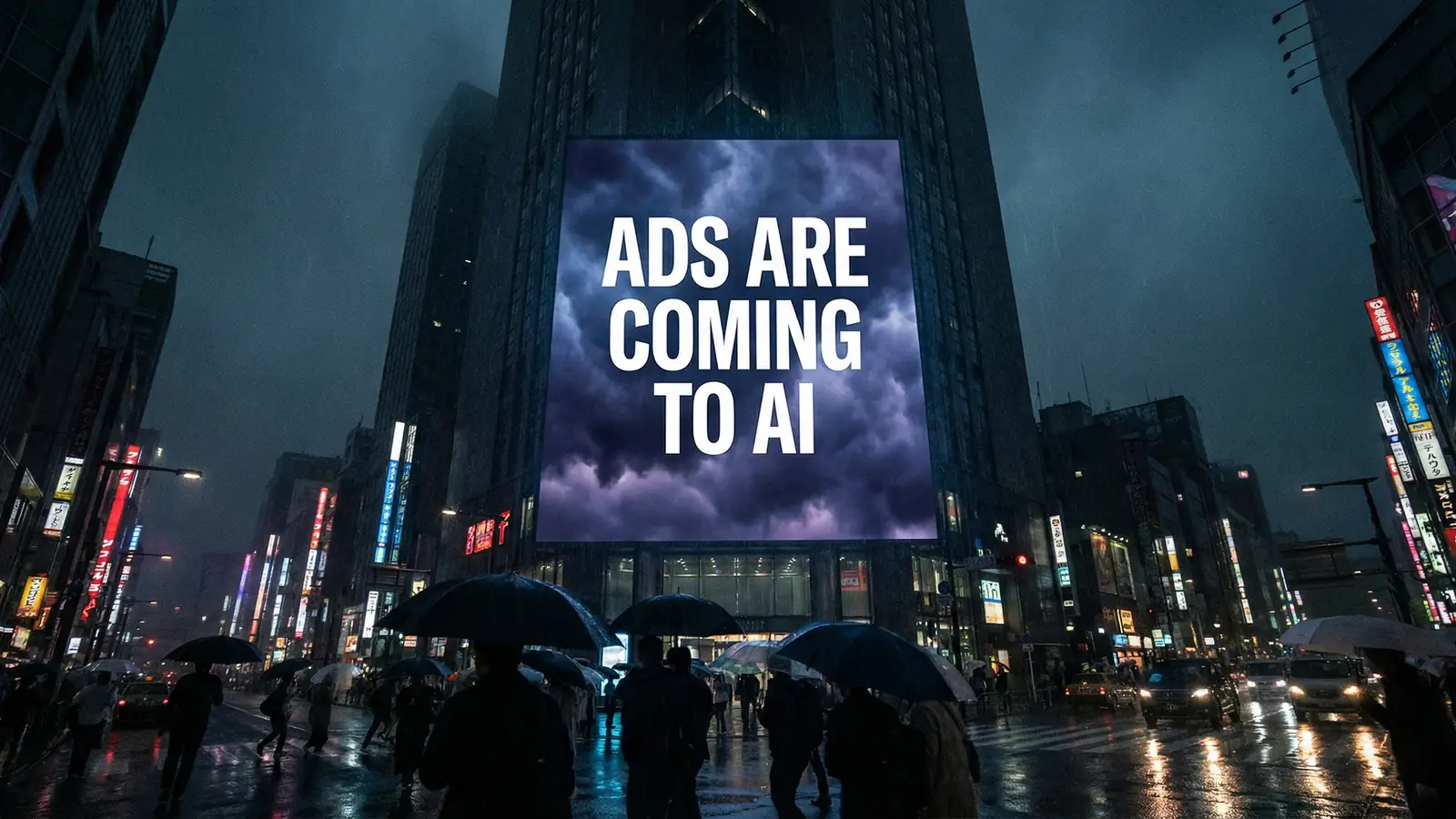 Billboard in a rainy urban cityscape displaying the text Ads Are Coming To AI from Anthropic campaign