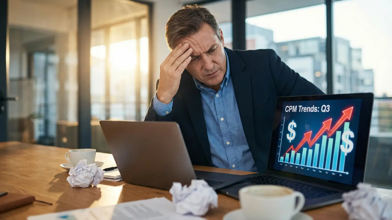 Marketing director looking frustrated at rising CPM costs on a laptop screen in a boardroom