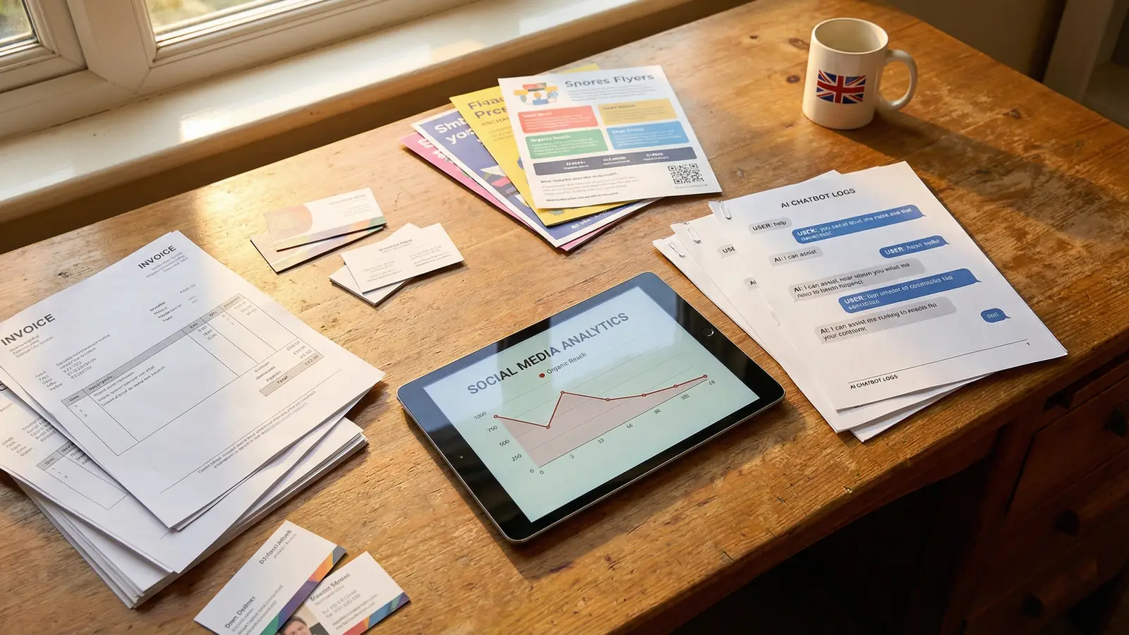 UK small business desk with British flag mug showing social media analytics and AI chatbot printouts