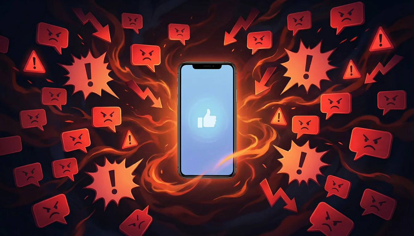 Illustration showing angry emoji reactions and aggressive notifications surrounding a single thoughtful post, depicting social media pile-on culture