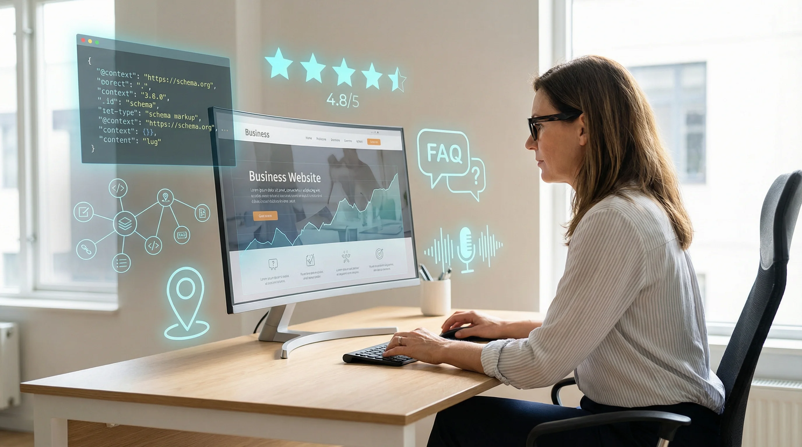 Business owner reviewing website structured data on a monitor with schema markup and voice search optimisation elements